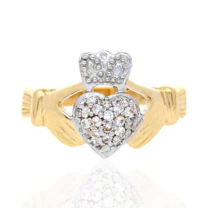 10k Yellow & White Gold Created Diamond Irish Claddagh Heart & Crown Ring