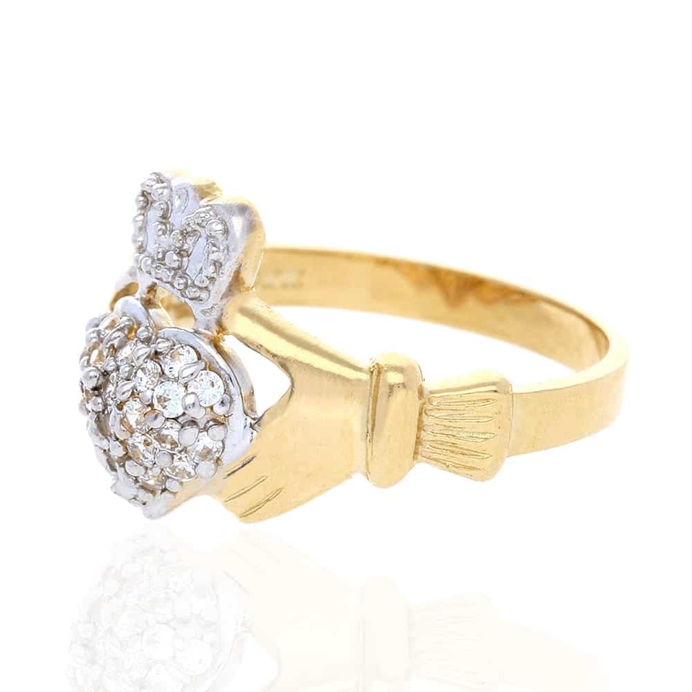 10k Yellow & White Gold Created Diamond Irish Claddagh Heart & Crown Ring