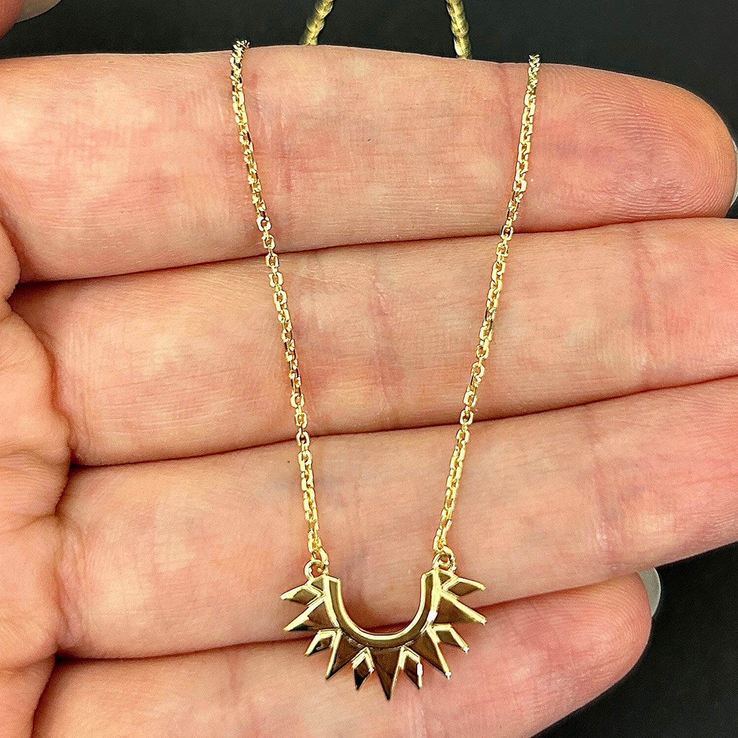 14K Gold Sunburst Pendant 1mm Cable Chain Necklace 18"