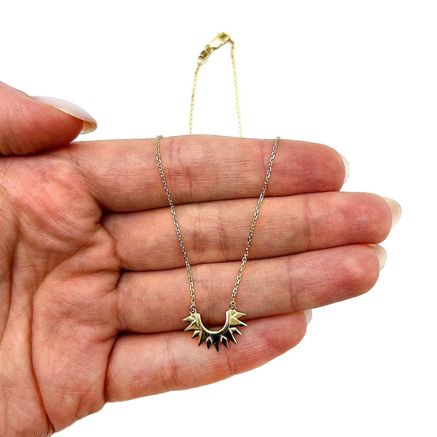 14K Gold Sunburst Pendant 1mm Cable Chain Necklace 18"