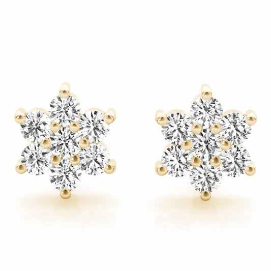 0.20CTW Real Diamond 14K Gold Flower Cluster Stud Earrings