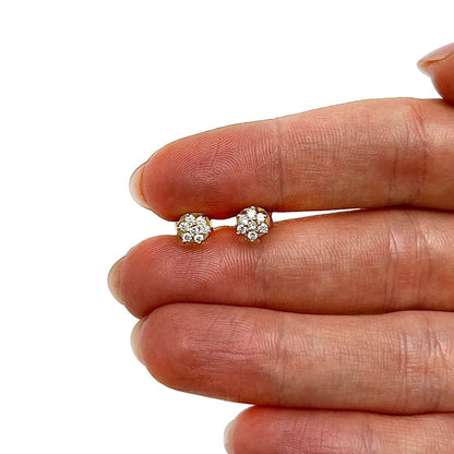 0.20CTW Real Diamond 14K Gold Flower Cluster Stud Earrings