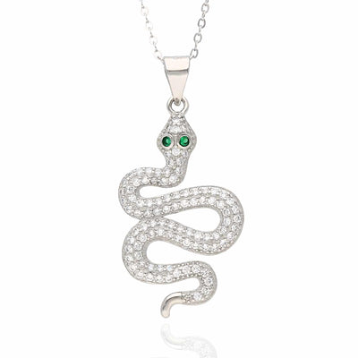 18K White Gold Over Silver CZ Emerald Snake Pendant 1.4" - WJD Exclusives