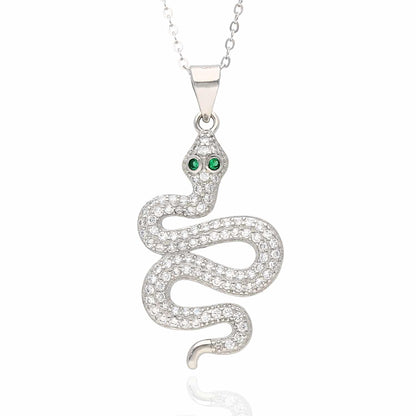 18K White Gold Over Silver CZ Emerald Snake Charm Pendant 1.4"