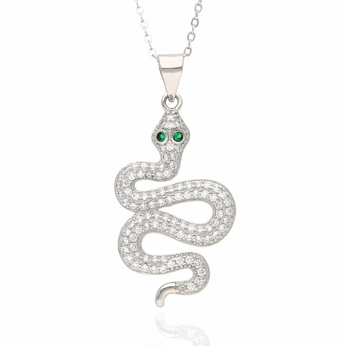 18K White Gold Over Silver CZ Emerald Snake Pendant 1.4" - WJD Exclusives