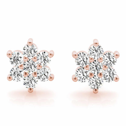 0.20CTW Real Diamond 14K Gold Flower Cluster Stud Earrings