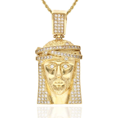 10K Yellow Gold CZ Pave Jesus Head Pendant 1.6" - WJD Exclusives