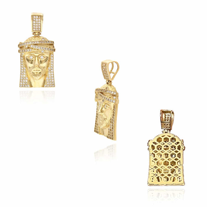10K Yellow Gold CZ Pave Jesus Head Pendant 1.6" - WJD Exclusives