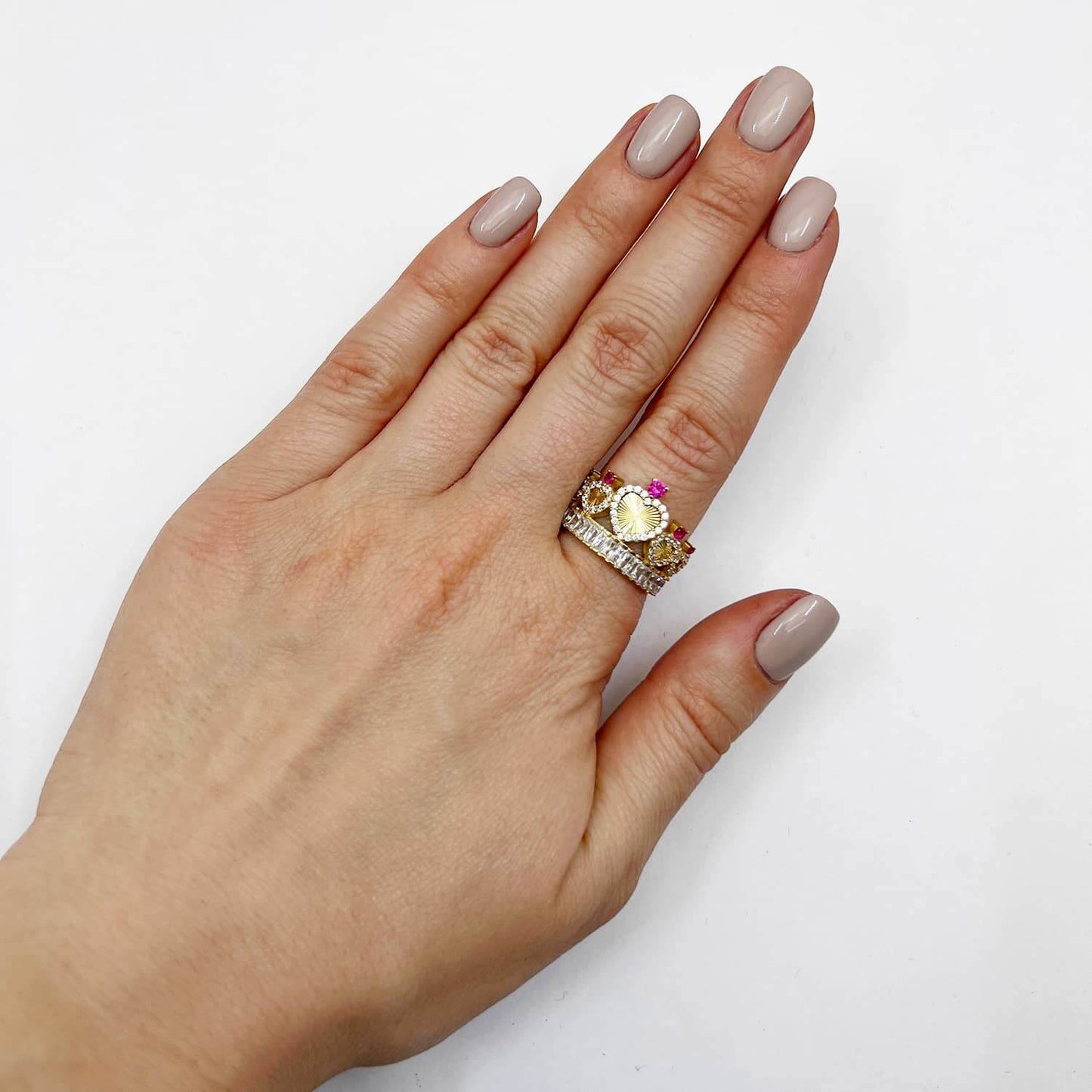 14K Gold Yellow CZ Ruby Heart Crown Ring