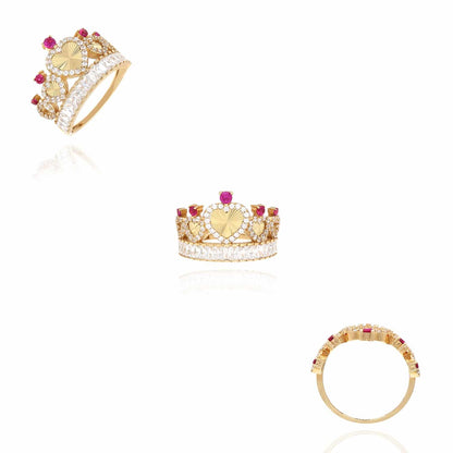 14K Gold Yellow CZ Ruby Heart Crown Ring