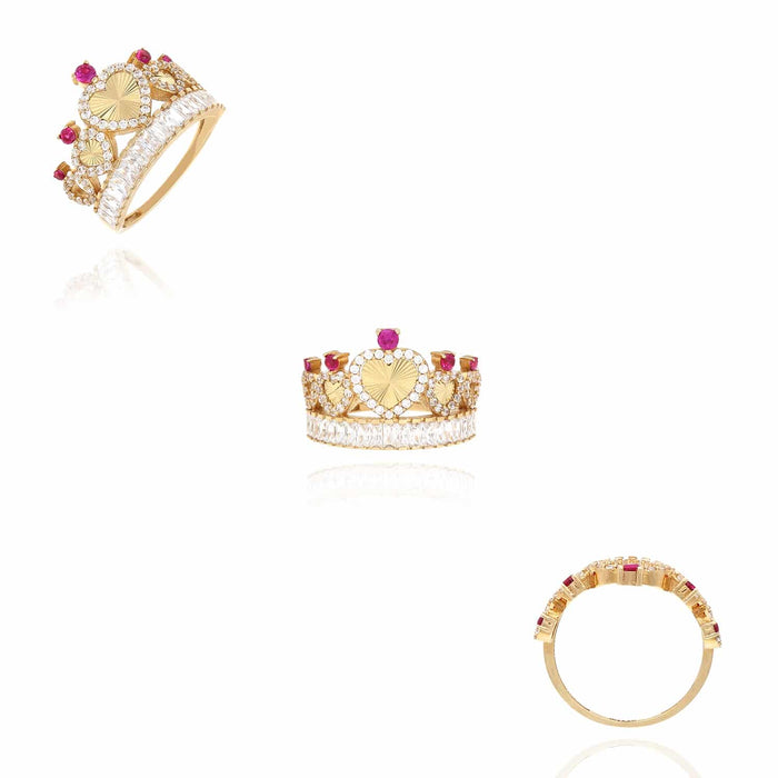 14K Yellow Gold CZ Ruby Heart Crown Ring - WJD Exclusives