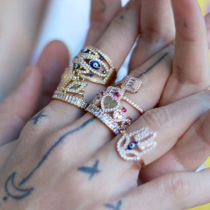 14K Yellow Gold CZ Ruby Heart Crown Ring - WJD Exclusives