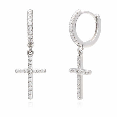 Sterling Silver CZ Cross Huggie Hoop Earrings - WJD Exclusives