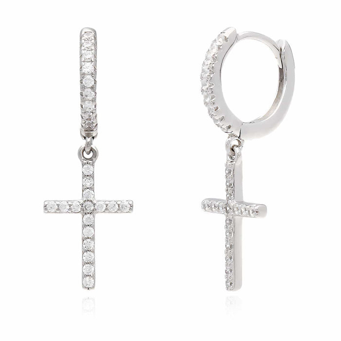 Sterling Silver CZ Cross Huggie Hoop Earrings - WJD Exclusives