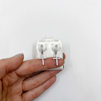 Sterling Silver CZ  Cross Double Row Huggie Hoop Earrings