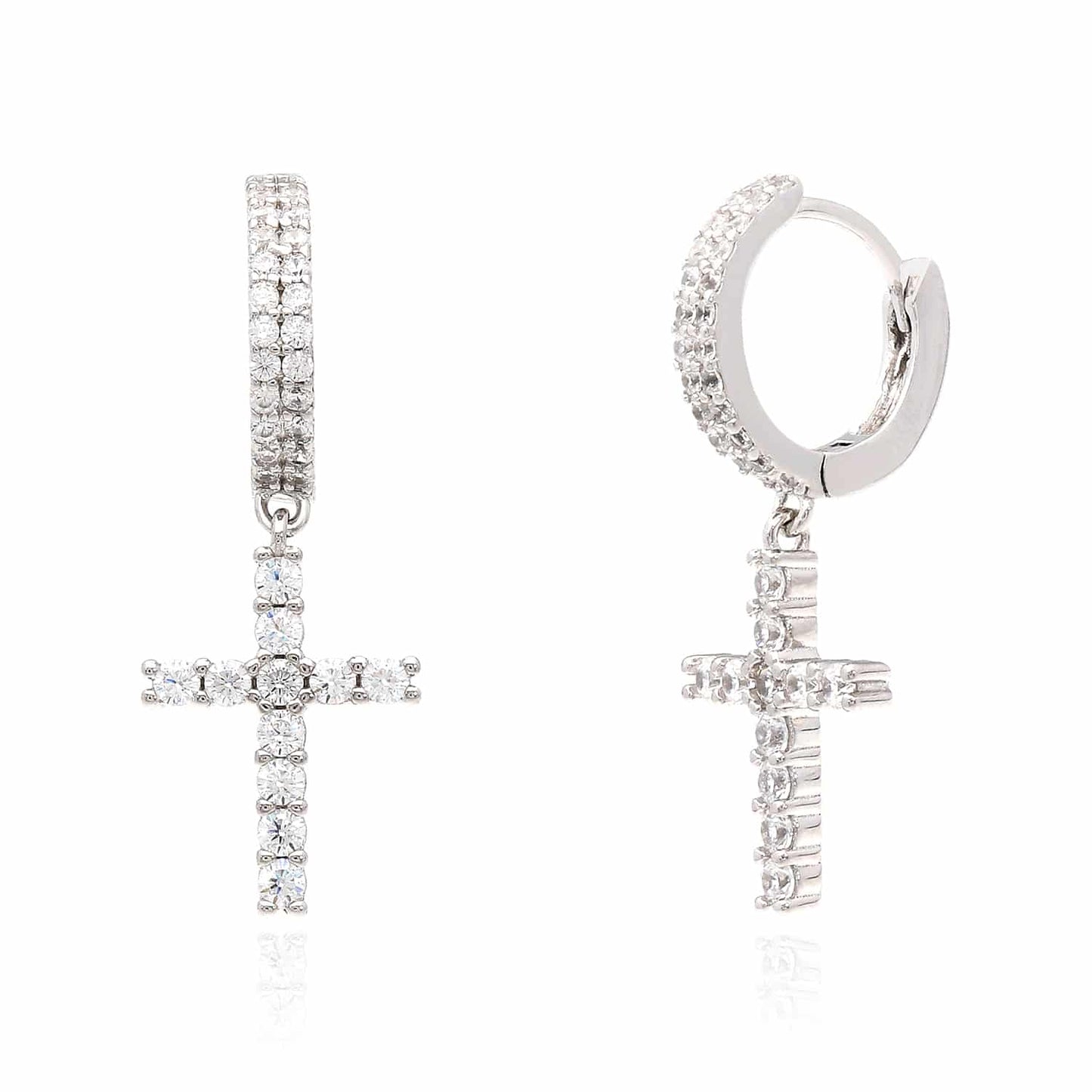 Sterling Silver CZ  Cross Double Row Huggie Hoop Earrings