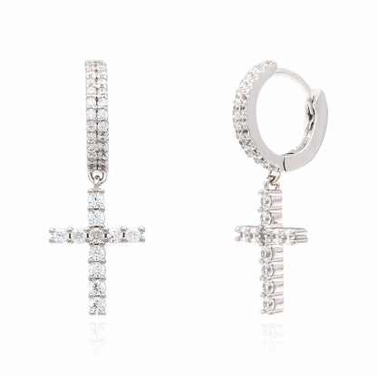 Sterling Silver CZ  Cross Double Row Huggie Hoop Earrings