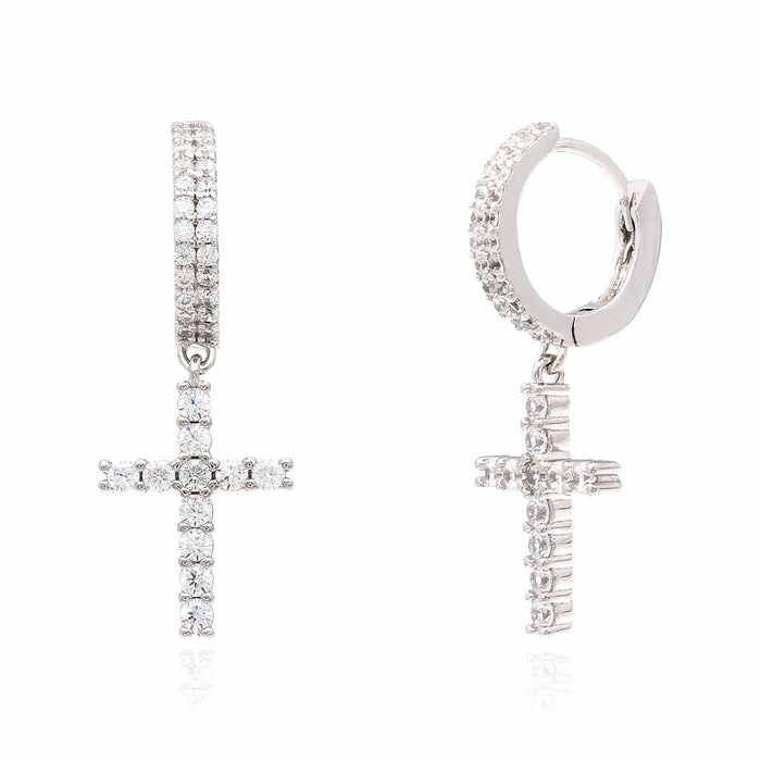 Sterling Silver CZ Cross Double Row Huggie Hoop Earrings - WJD Exclusives