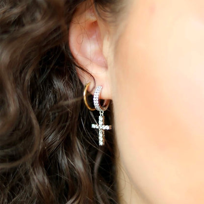 Sterling Silver CZ  Cross Double Row Huggie Hoop Earrings