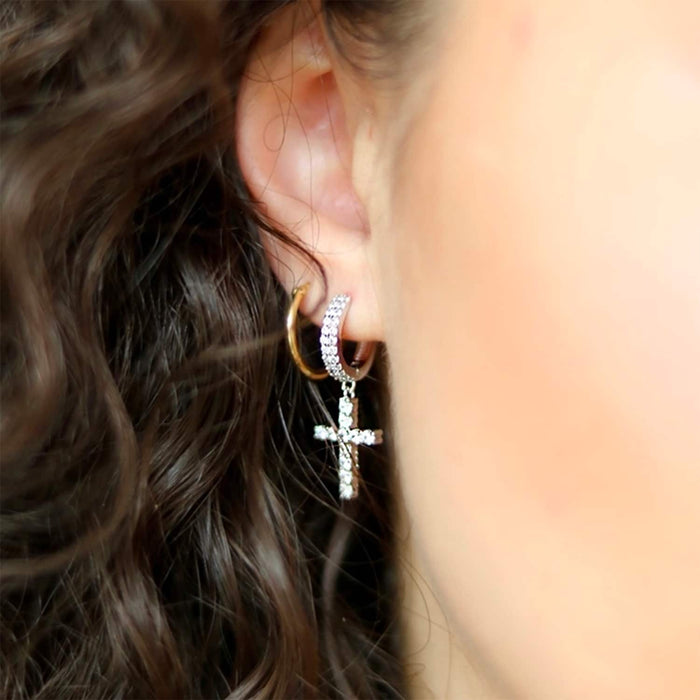 Sterling Silver CZ Cross Double Row Huggie Hoop Earrings - WJD Exclusives