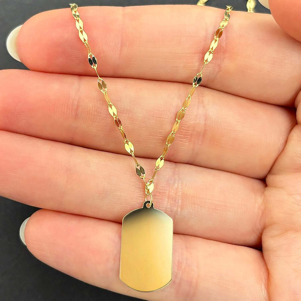 Engravable 14K Gold Dog Tag Pendant 1.2mm Mirror Chain 18" - WJD Exclusives