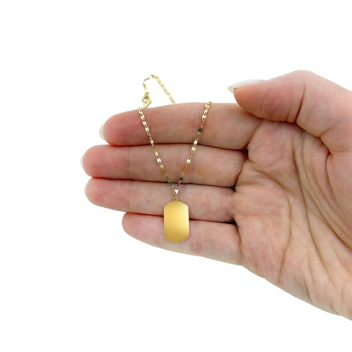 Engravable 14K Gold Dog Tag Pendant 1.2mm Mirror Chain 18" - WJD Exclusives