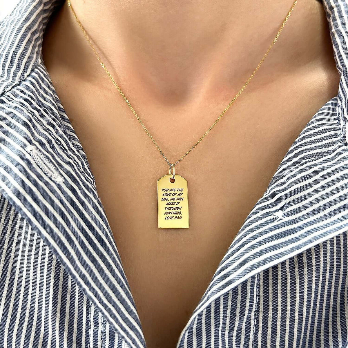 Engravable 14K Yellow Gold White Personalized Dog Tag Pendant 1" - WJD Exclusives