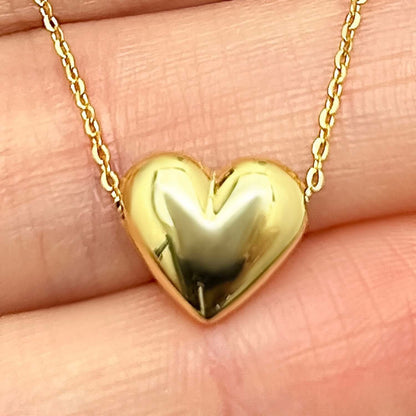 14K Gold Puffed Heart Pendant Chain Necklace 18"