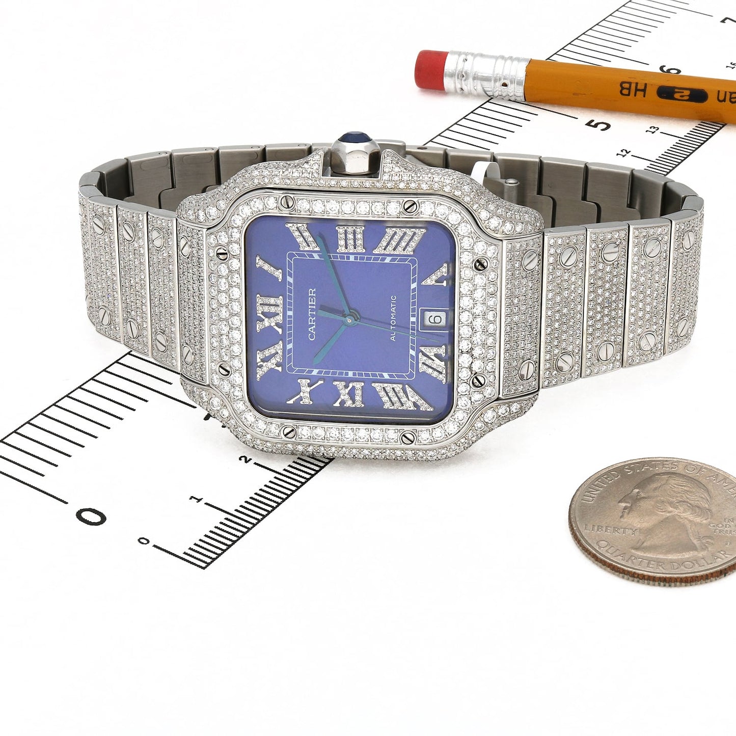 Cartier Santos Large 9.75CTW Real Diamond Custom Full Pave Automatic Watch