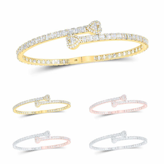 2.65CTW Real Diamond 10K Gold Yellow White Rose Heart Cuff Bangle Bracelet