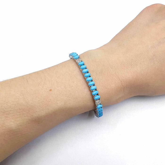 Sterling Silver 5mm Oval Cabochon Turquoise Tennis Bracelet 6.5" - 7" - WJD Exclusives