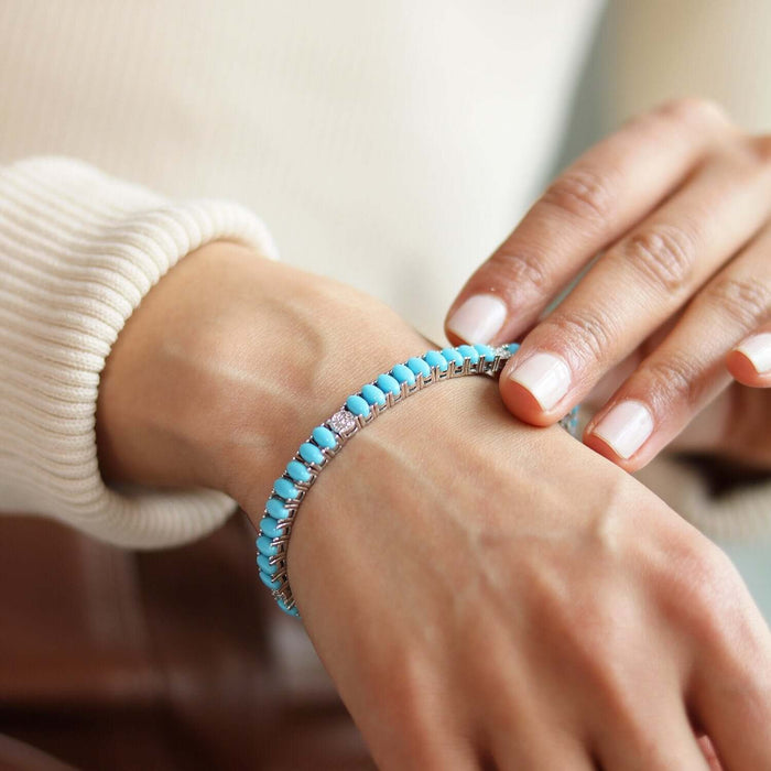 Sterling Silver 5mm Oval Cabochon Turquoise Tennis Bracelet 6.5" - 7" - WJD Exclusives