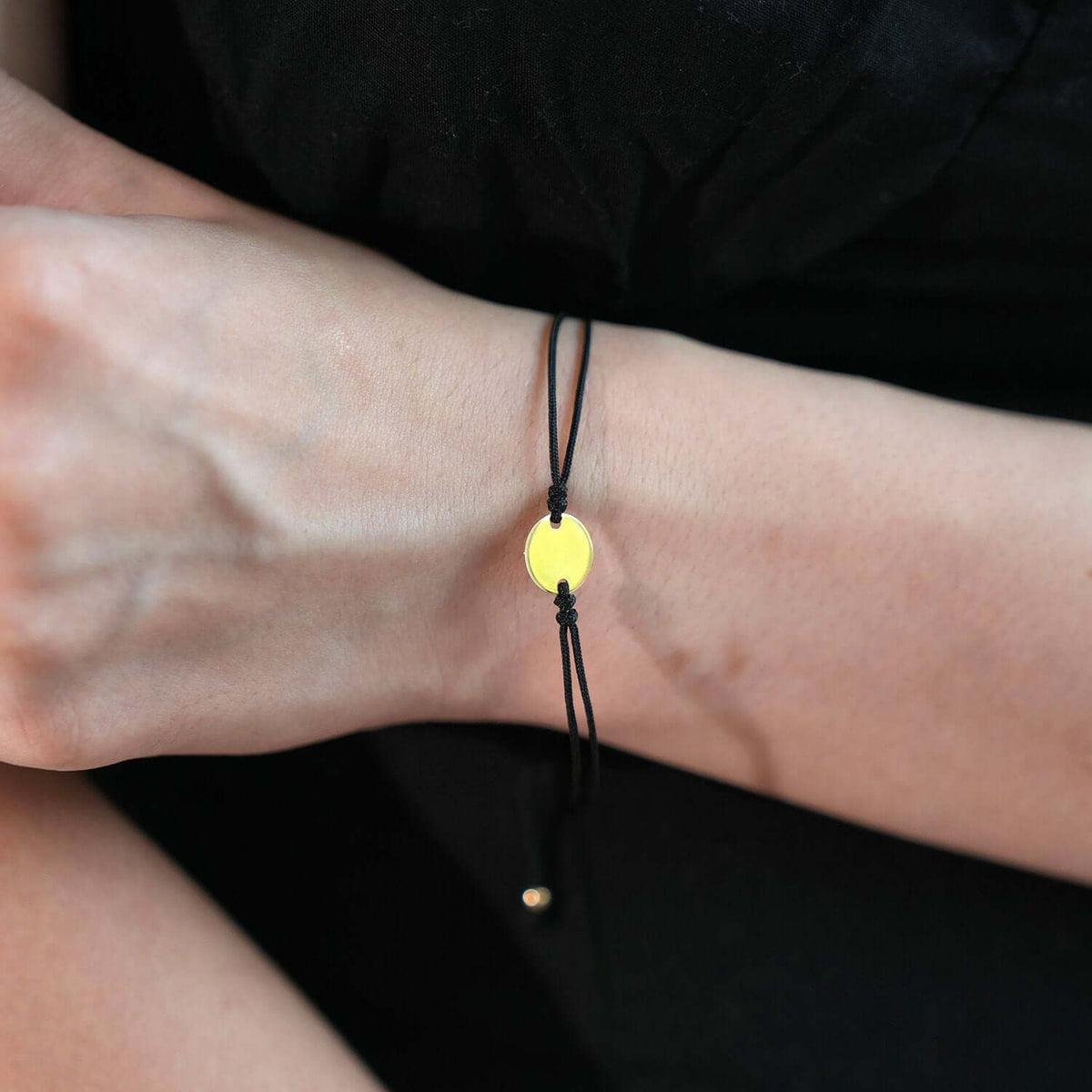 Engravable 14K Yellow Gold Circle Disc Cord Friendship Bracelet 5" - 9.25" Adjustable - WJD Exclusives