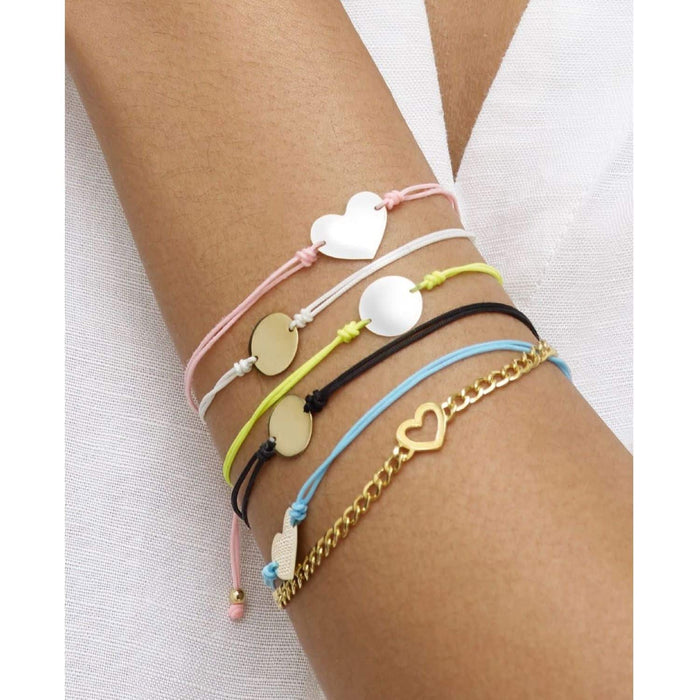 Engravable 14K Yellow Gold Circle Disc Cord Friendship Bracelet 5" - 9.25" Adjustable - WJD Exclusives