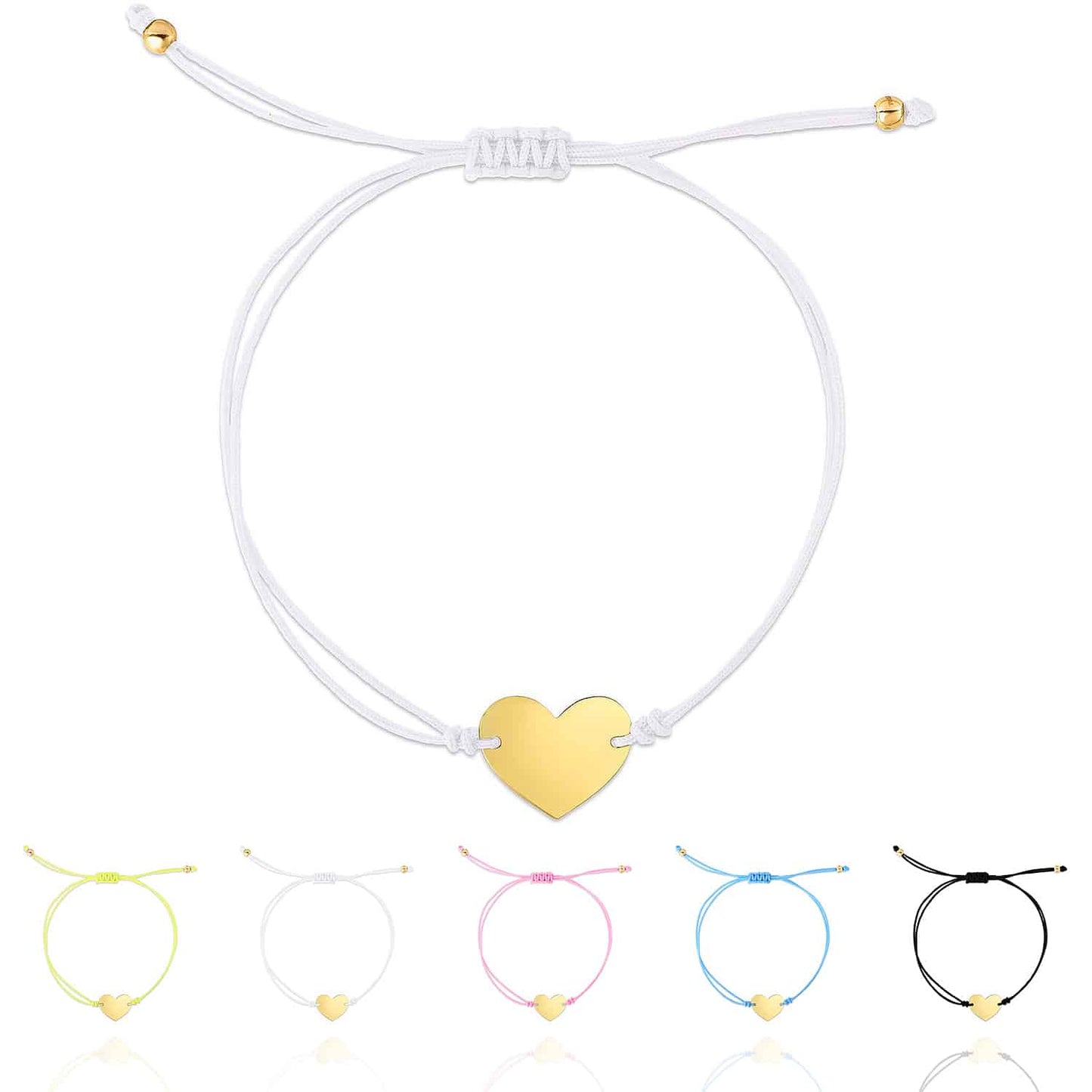 Engravable 14K Gold Yellow Cord Heart Friendship Bracelet 9.25" Adjustable