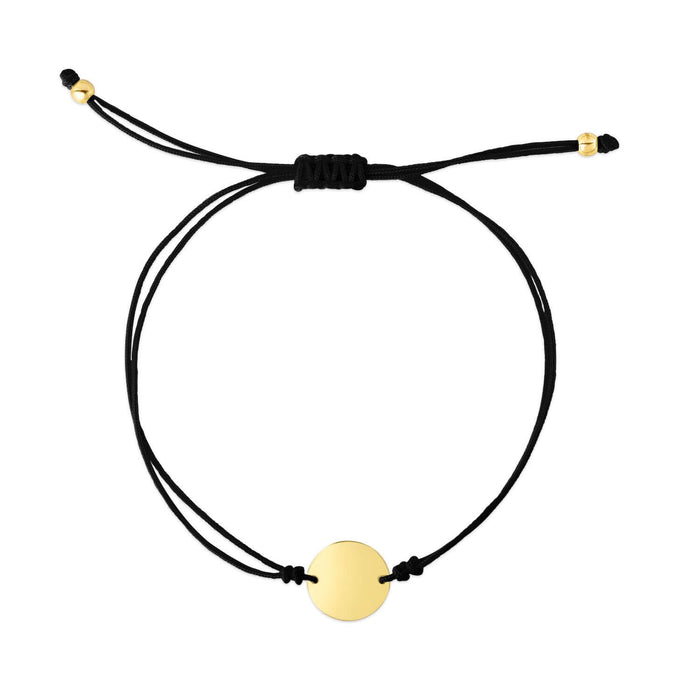 Engravable 14K Yellow Gold Circle Disc Cord Friendship Bracelet 5" - 9.25" Adjustable - WJD Exclusives