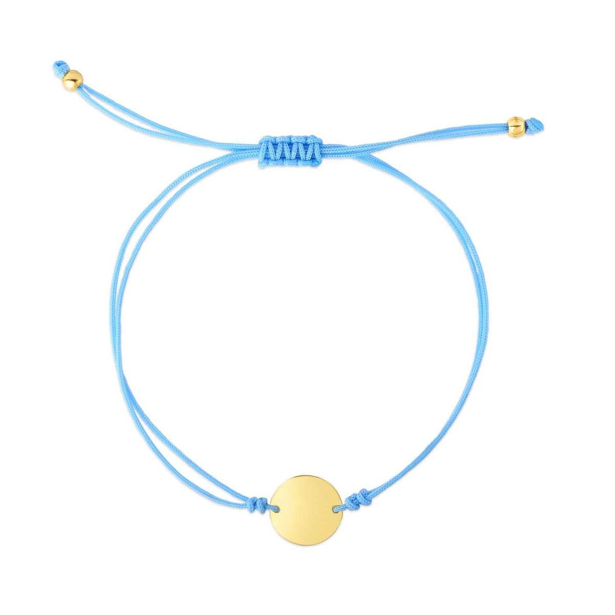 Engravable 14K Yellow Gold Circle Disc Cord Friendship Bracelet 5" - 9.25" Adjustable - WJD Exclusives
