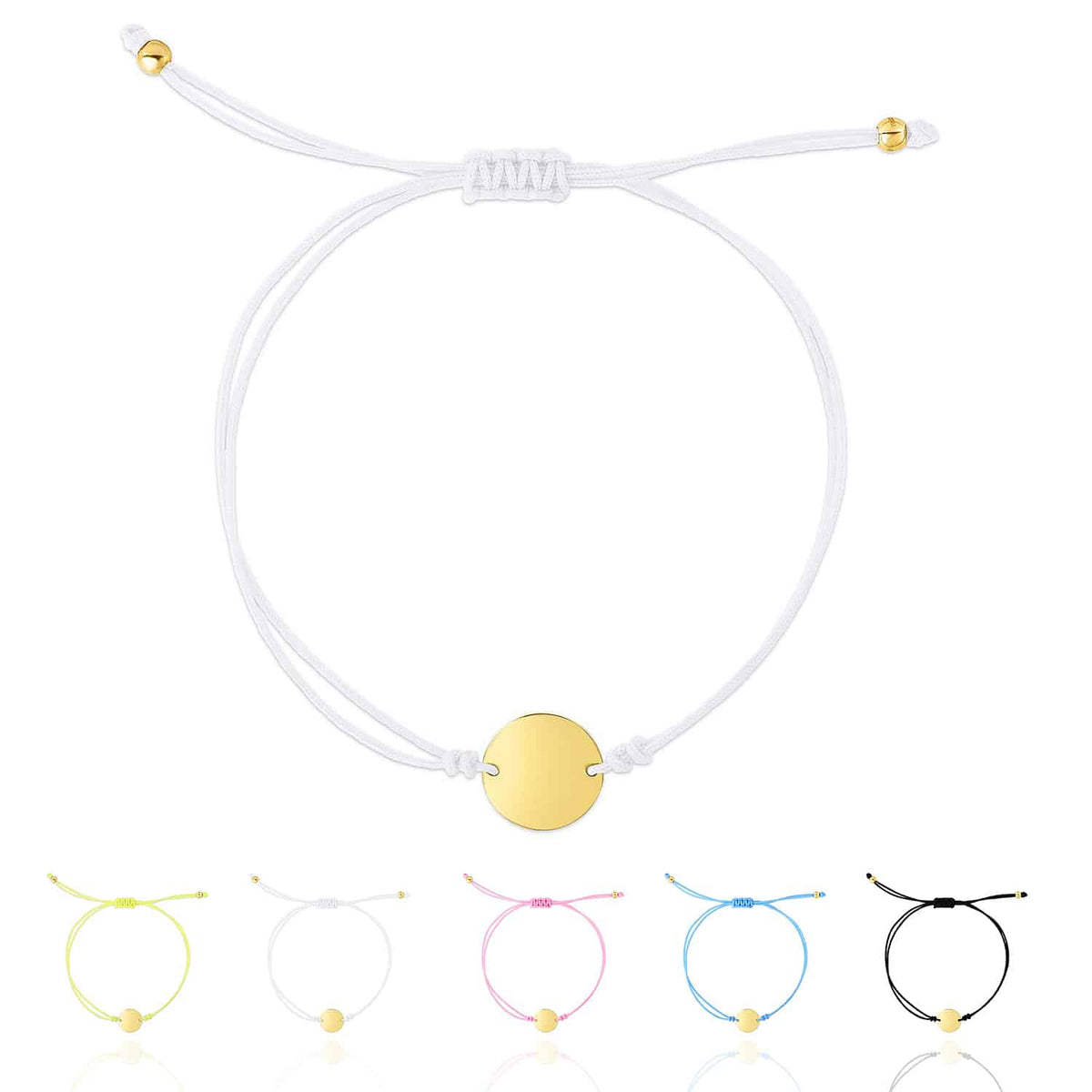 Engravable 14K Yellow Gold Circle Disc Cord Friendship Bracelet 5" - 9.25" Adjustable - WJD Exclusives