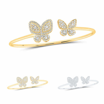 0.75CTW Natural Diamond 10K Gold Yellow White Pave Butterfly Bangle Bracelet (Hollow) 7.5" - WJD Exclusives
