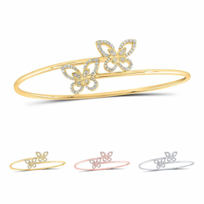 0.40CTW Natural Diamond 10K Gold Yellow White Rose Butterfly Bangle Bracelet (Hollow) 7.5" - WJD Exclusives
