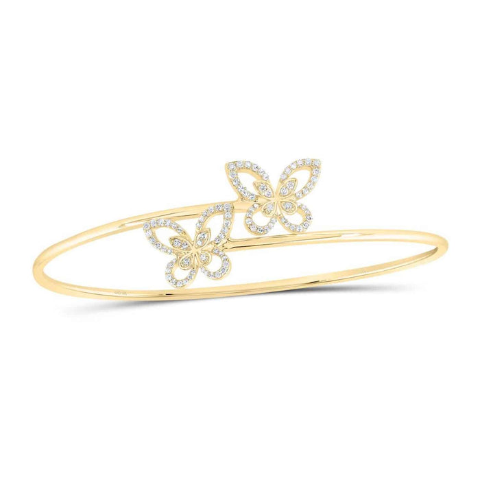 0.40CTW Natural Diamond 10K Gold Yellow White Rose Butterfly Bangle Bracelet (Hollow) 7.5" - WJD Exclusives