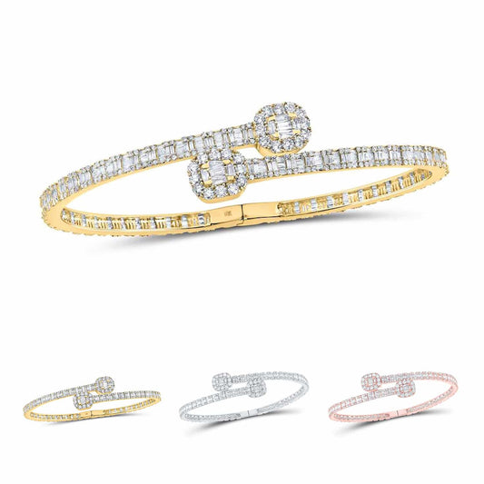 4.80CTW Real Diamond Baguette 10K Gold Yellow Rose White Cuff Bangle Bracelet