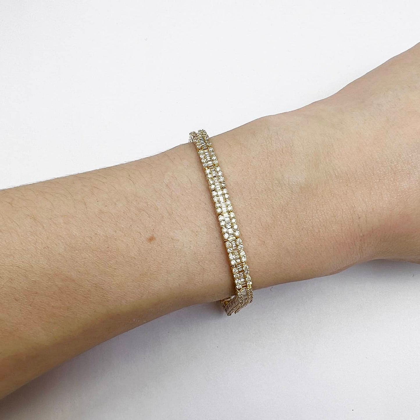 4CTW Real Diamond Baguette Round 14K Gold Tennis Bracelet 8"
