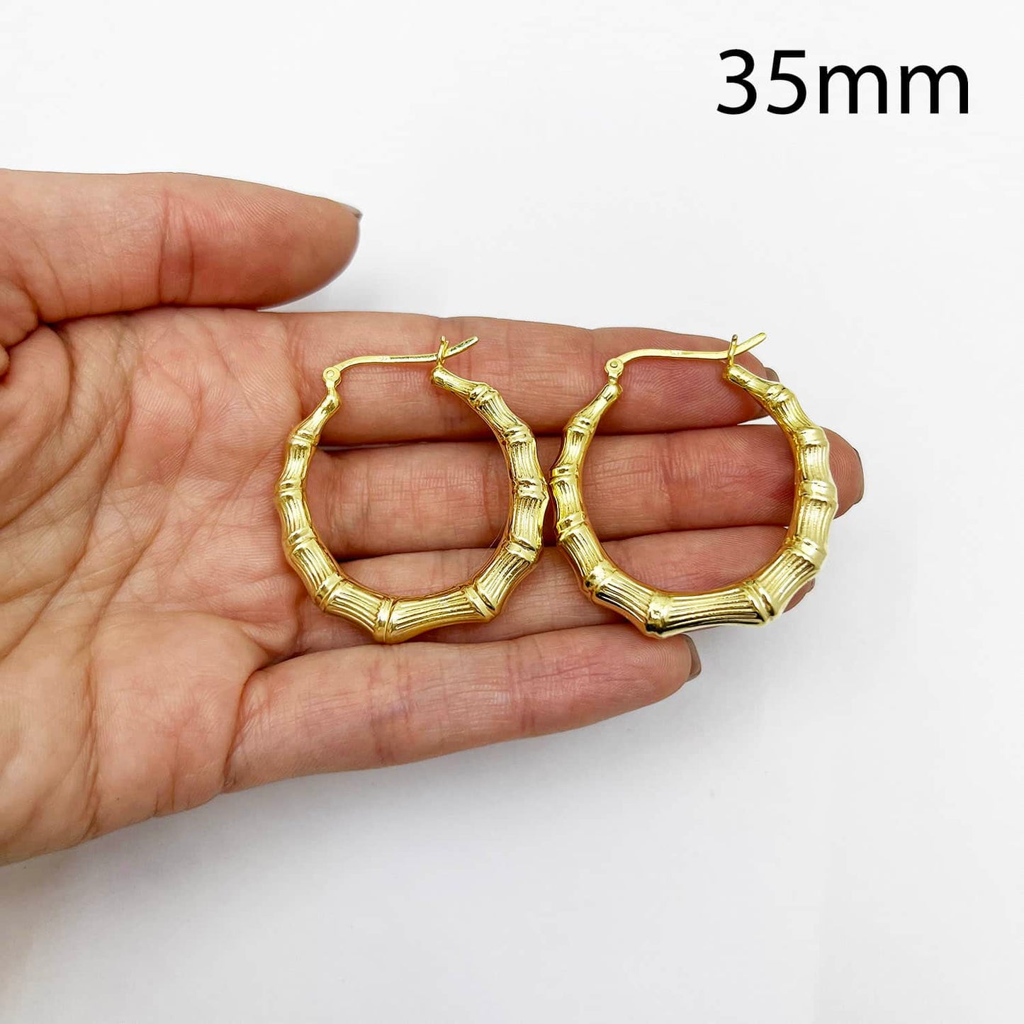 18K Yellow Gold Over Sterling Silver Hoop Bamboo Earrings 35mm-70mm