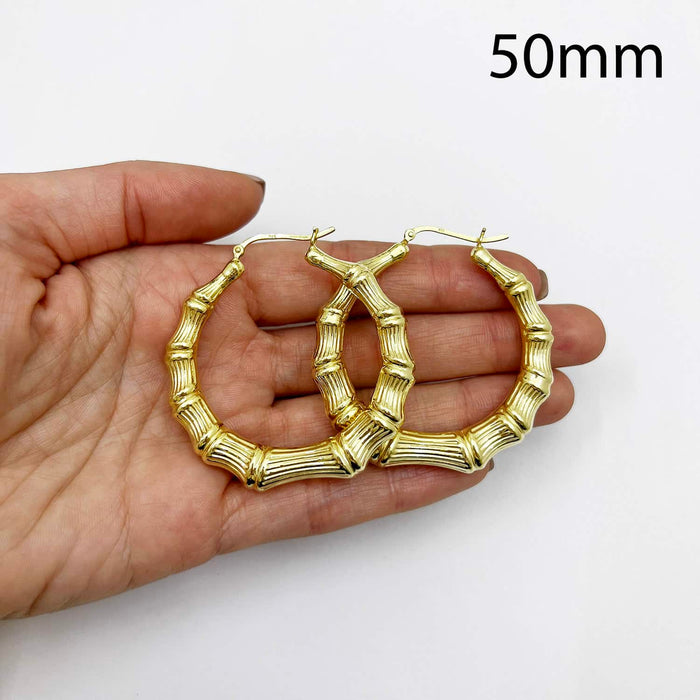 18K Yellow Gold Over Sterling Silver Hoop Bamboo Earrings 35mm - 70mm - WJD Exclusives