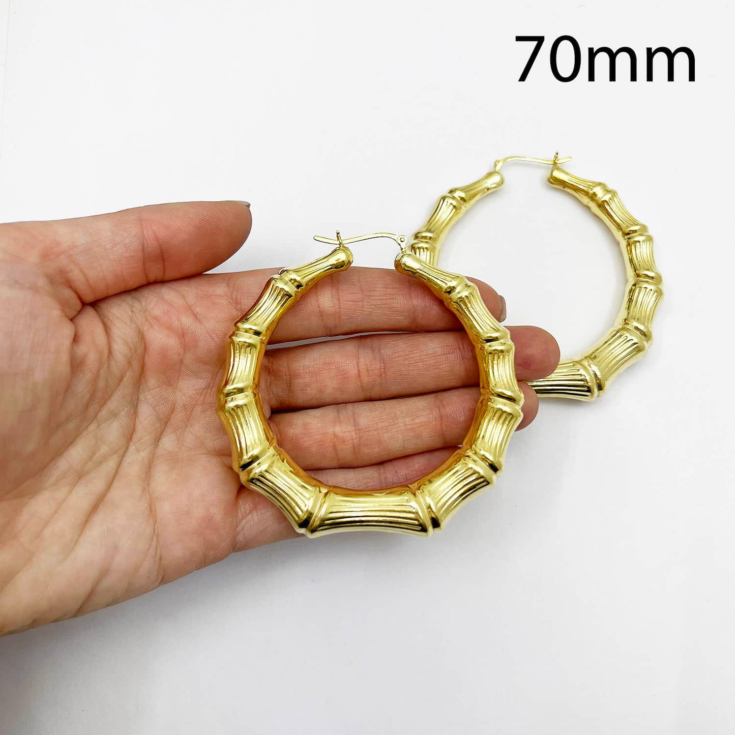 18K Yellow Gold Over Sterling Silver Hoop Bamboo Earrings 35mm-70mm