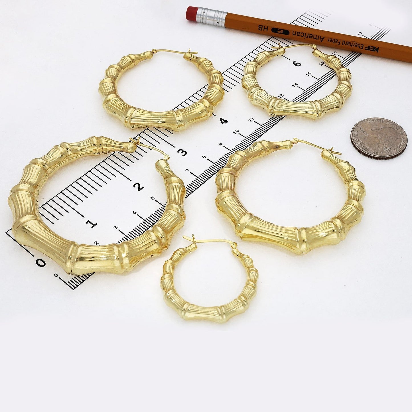 18K Yellow Gold Over Sterling Silver Hoop Bamboo Earrings 35mm-70mm