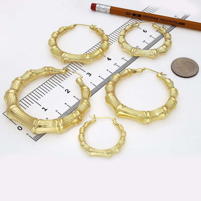 18K Yellow Gold Over Sterling Silver Hoop Bamboo Earrings 35mm - 70mm - WJD Exclusives