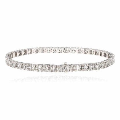 4CTW Real Diamond 10k Real Gold White Baguette Round 4mm Tennis Bracelet 8"