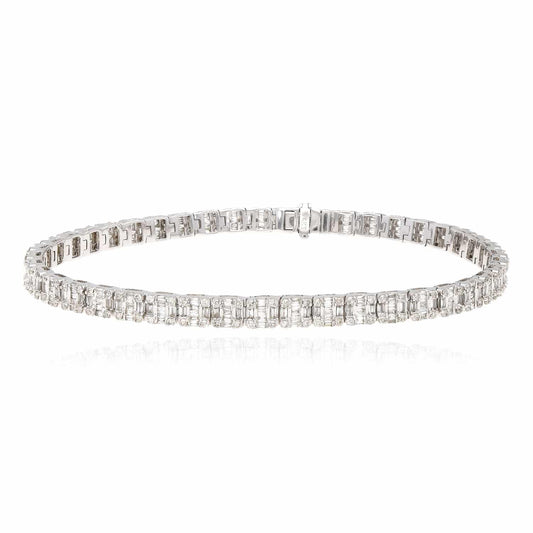4CTW Real Diamond 10k Real Gold White Baguette Round 4mm Tennis Bracelet 8"